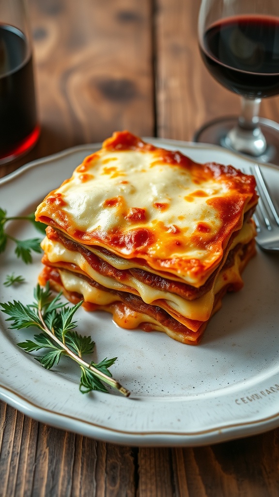 A slice of classic lasagna with Bolognese sauce and melted cheese on a wooden table.